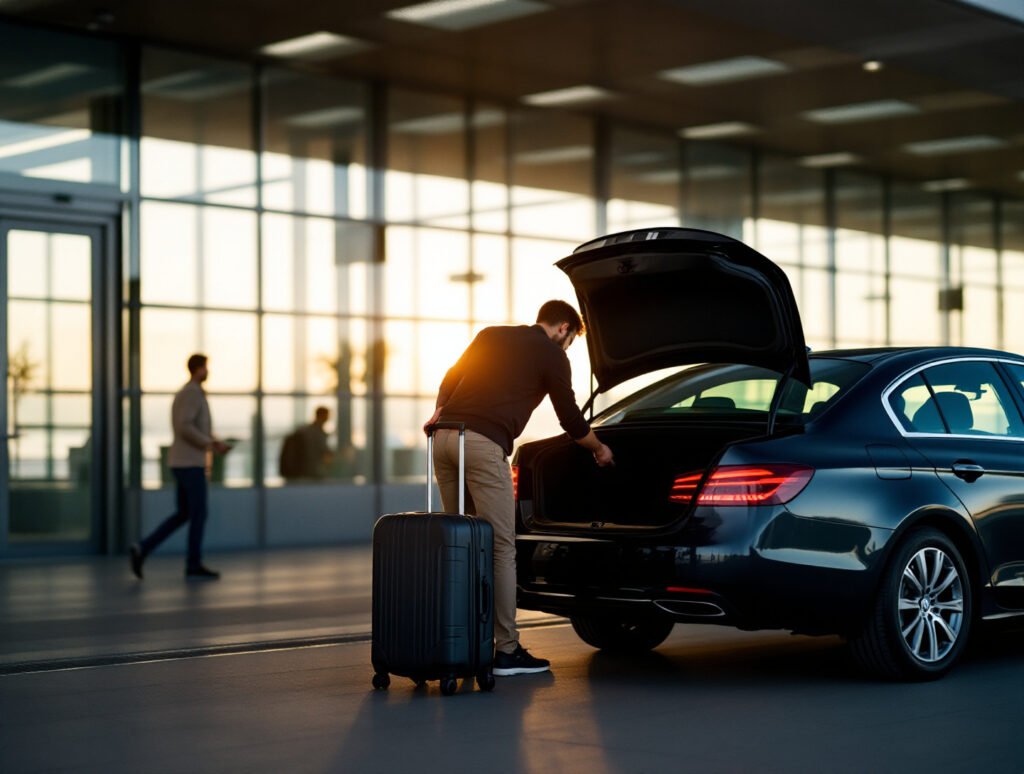 Traveler unloading luggage at the airport curb