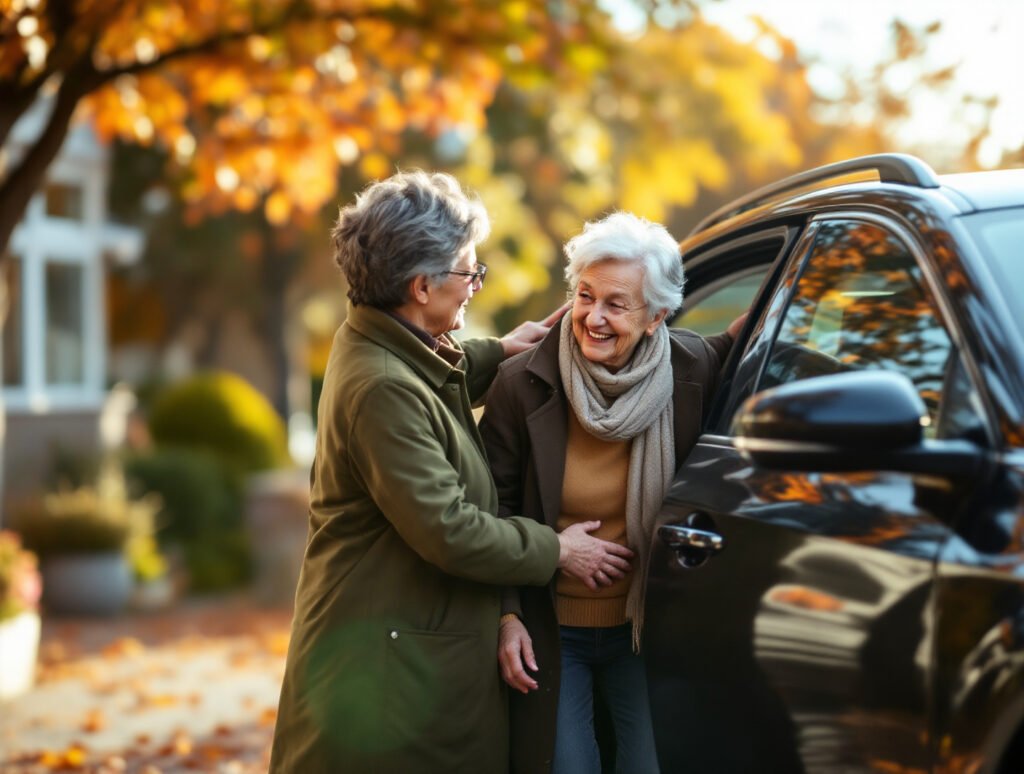 Driver helping an older passenger out of a car