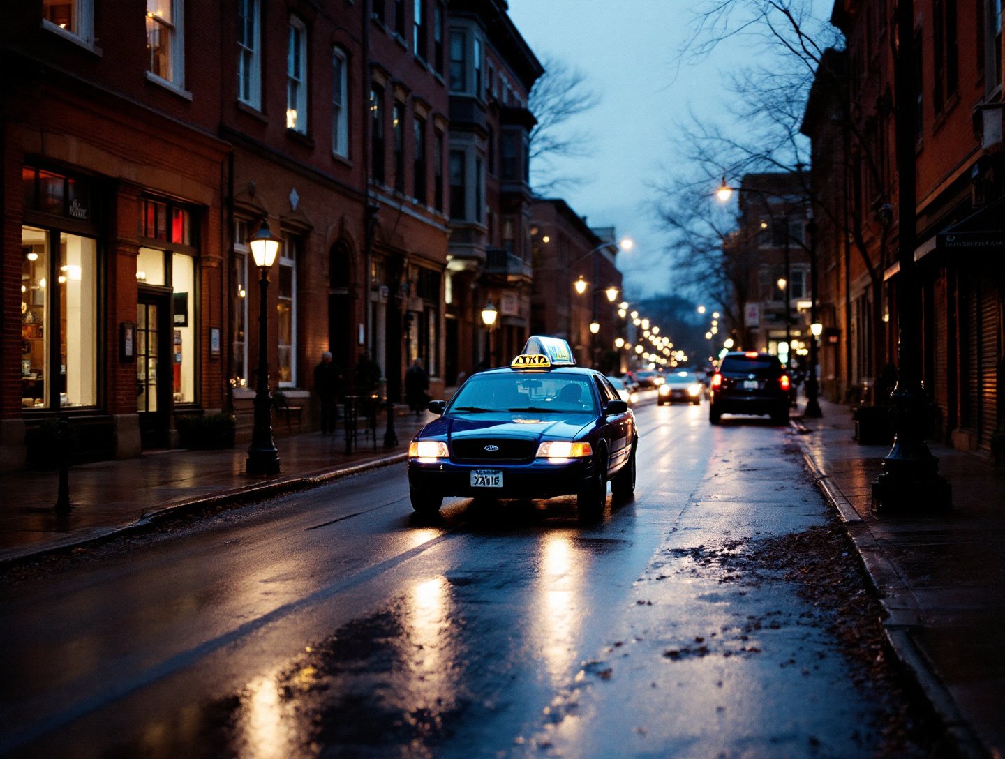 Taxi on a downtown street in the evening