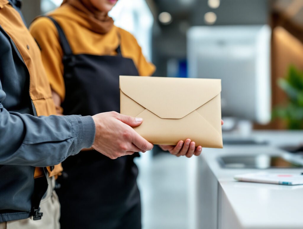 Courier handing an envelope to a receptionist