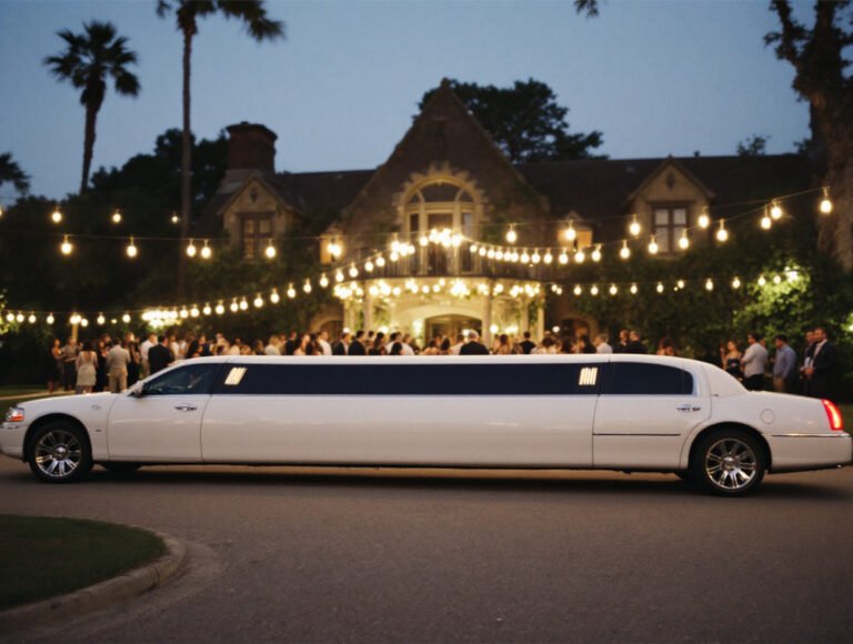 White limousine outside a wedding venue