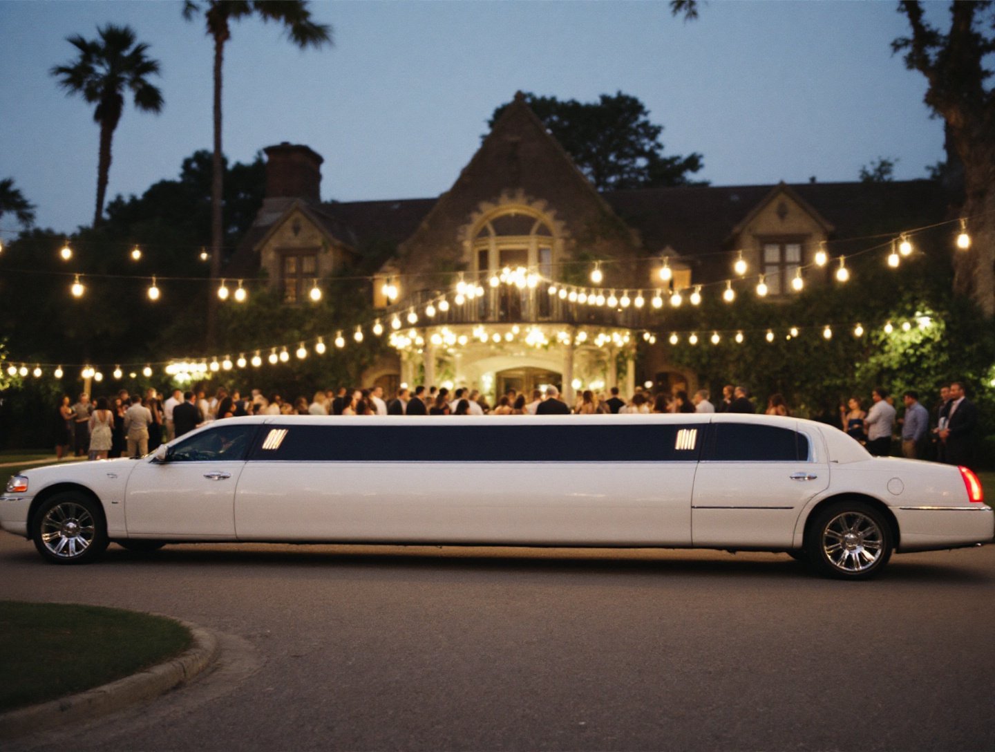 White limousine outside a wedding venue