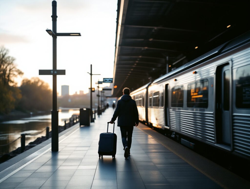 Passenger walking to a train at the station